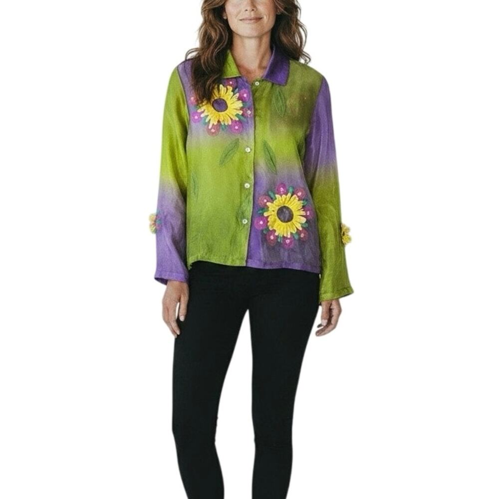 Vintage Sandy Starkman Sheer Floral Silk Button Shirt - S